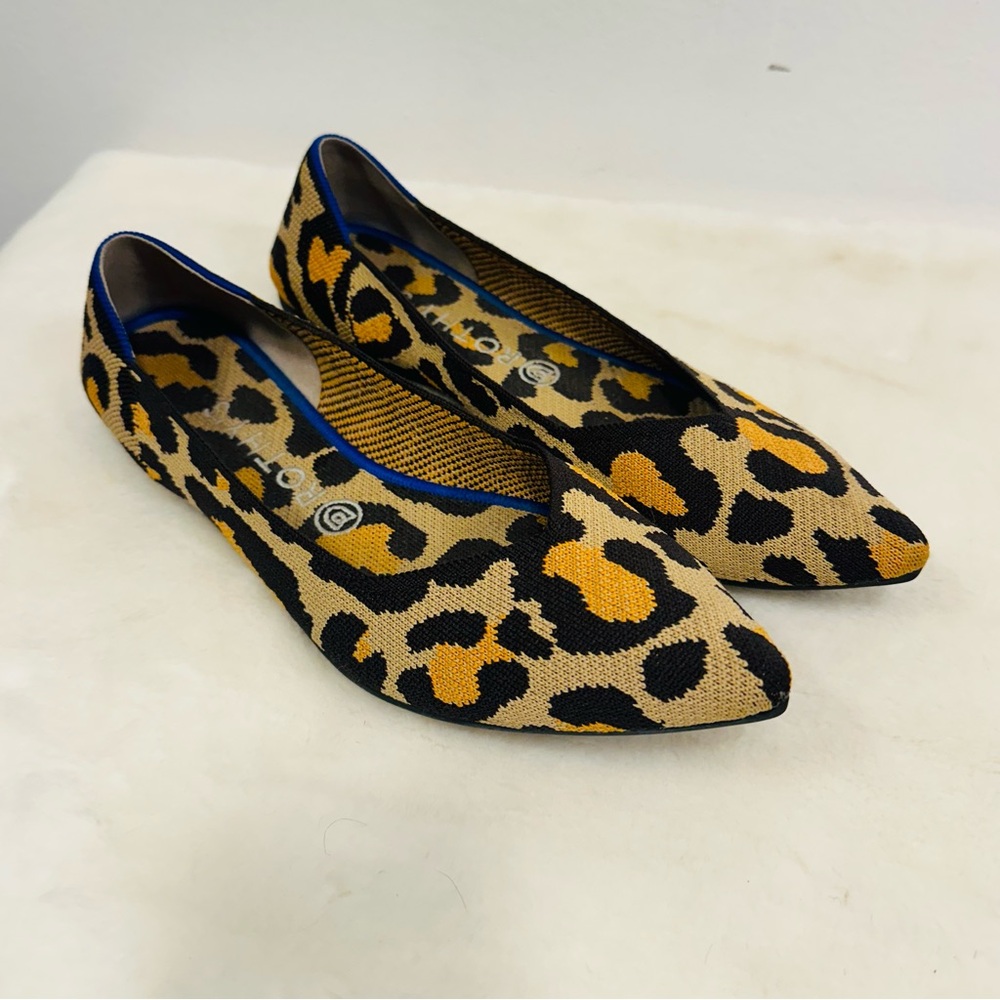 Rothy's big cat Leopard Print Flats with Blue Accents! Size 10